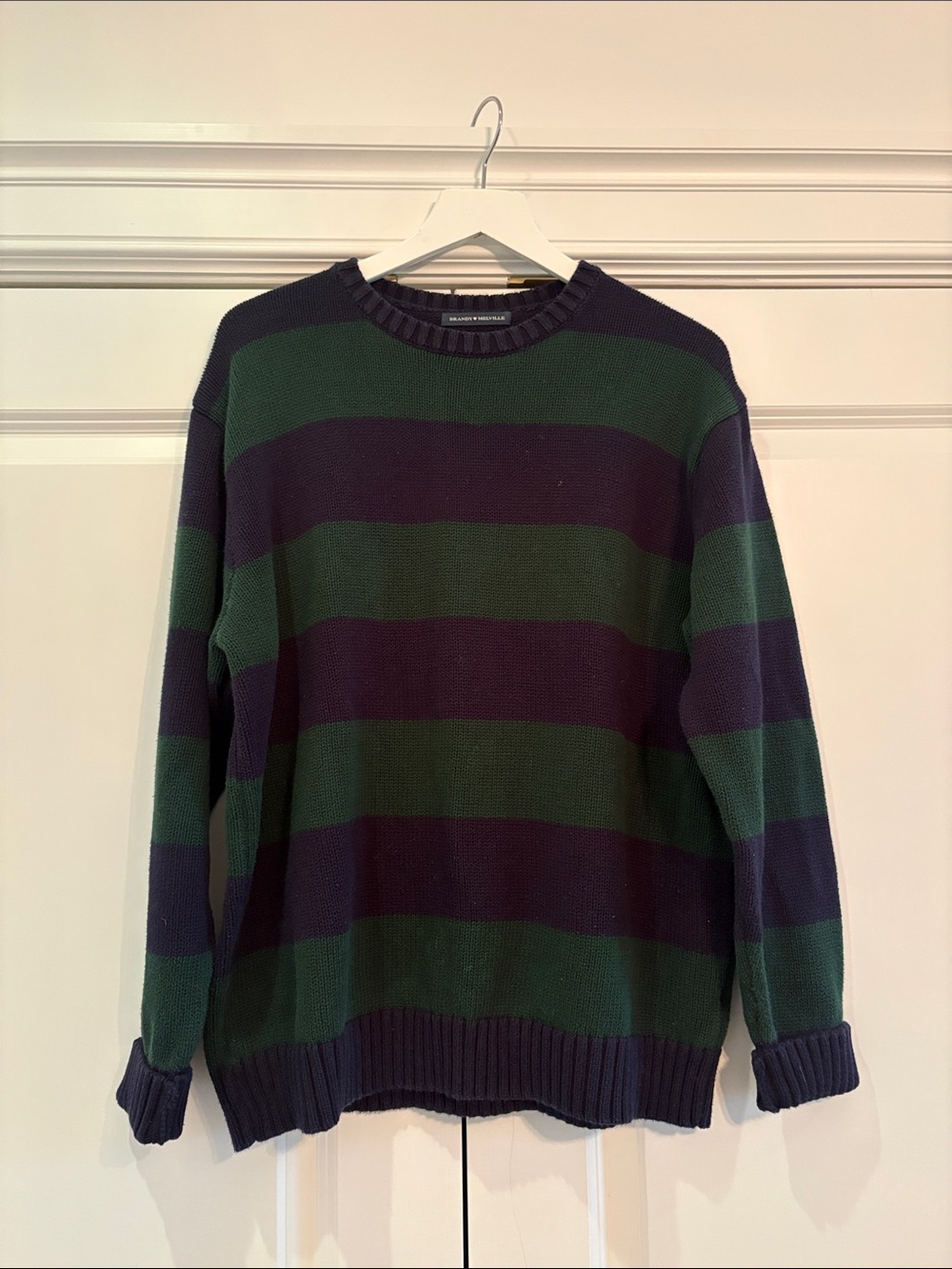 Brandy Melville Navy Blue and Green Striped Knit Sweater